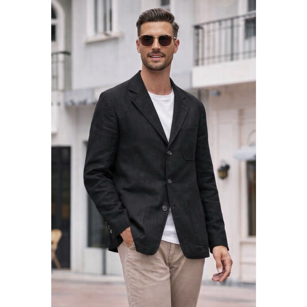 Polo Ralph Lauren Black Linen Blazer Jacket 3 Button Classic Spring Summer Men L